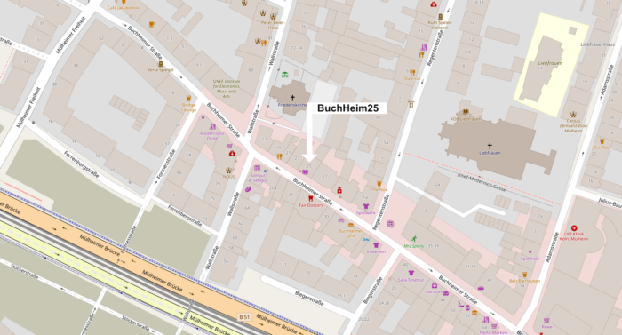 Landkarte mit Link zu BuchHeim25 auf OpenStreetMap. Unser Geschäft ist auf der Karte markiert.